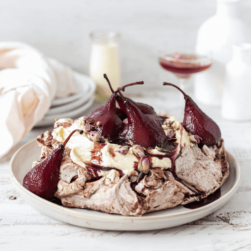 Chocolate Swirl Pavlova with Maple Mascarpone and Red Wine Poached Pears